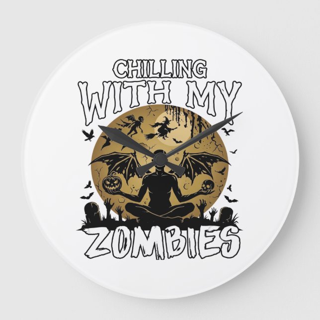 Chilling Zombies Halloween Winged Demon Moon Grave Large Clock (Front)