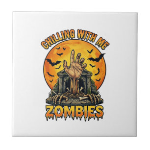 Chilling Zombies Hand Tombstone Full Moon Bats Ceramic Tile