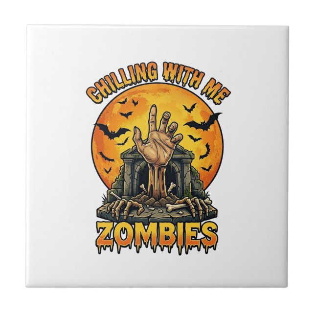 Chilling Zombies Hand Tombstone Full Moon Bats Ceramic Tile (Front)