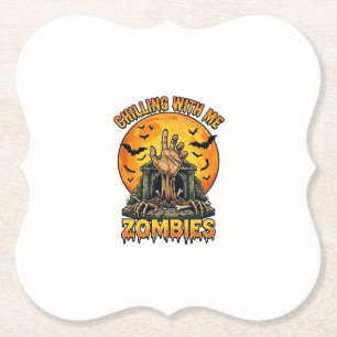 Chilling Zombies Hand Tombstone Full Moon Bats Paper Coaster