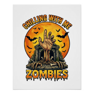 Chilling Zombies Hand Tombstone Full Moon Bats Poster