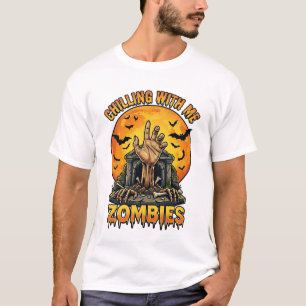 Chilling Zombies Hand Tombstone Full Moon Bats T-Shirt