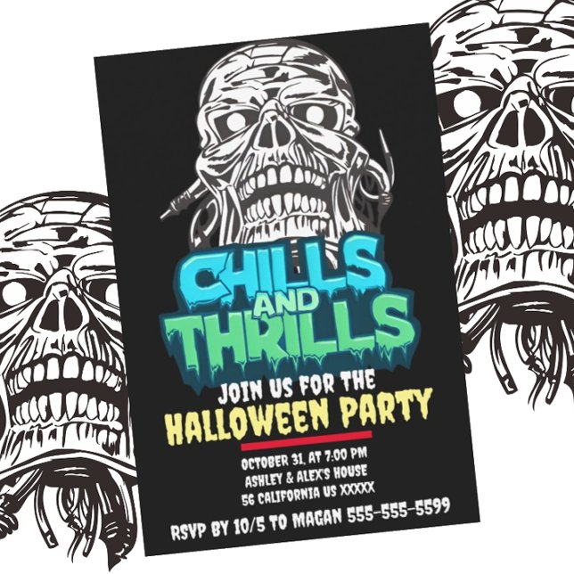 Chills and Thrills Skull Graphic Halloween Horror  Invitation (Creator Uploaded)