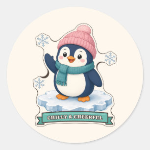 Chilly and Cheerful Penguin in a Pink Pom Hat Classic Round Sticker