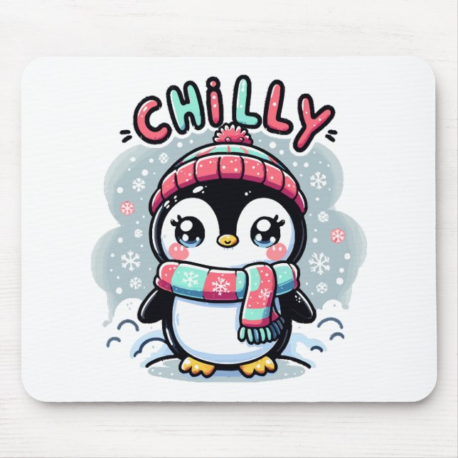 Chilly Penguin Snowy Scarf Hug Mouse Pad (Front)