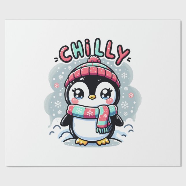 Chilly Penguin Snowy Scarf Hug Wrapping Paper (Flat)