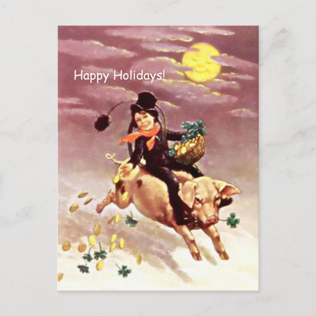 Chimney Sweep, Pig, Clovers, Gold Coins, Holiday Postcard (Front)