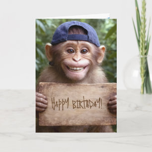 Chimp with Wooden Birthday Sign Card