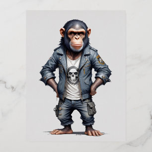 Chimpanzee Biker Rebel in Leather Jacket Urban Art Foil Holiday Postcard