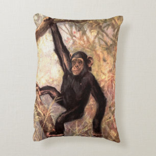 Chimpanzee by CE Swan, Vintage Wild Jungle Animals Decorative Cushion
