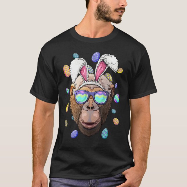 Chimpanzee Easter Bunny Ears Funny Easter Eggs Hun T-Shirt (Front)