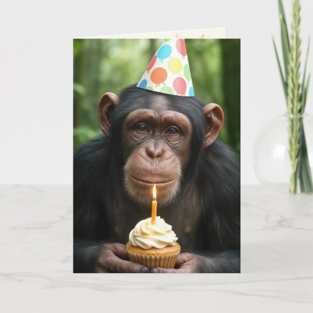 Chimpanzee Holding a Birthday Cupcake Card (Front)