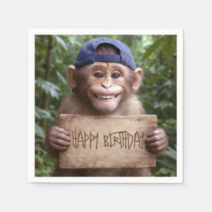 Chimpanzee Holding a Happy Birthday Sign Napkin