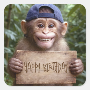Chimpanzee Holding a Happy Birthday Sign Square Sticker