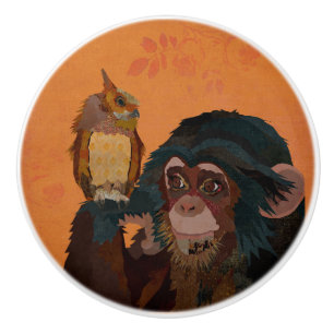 CHIMPANZEE & LITTLE OWL CERAMIC KNOB