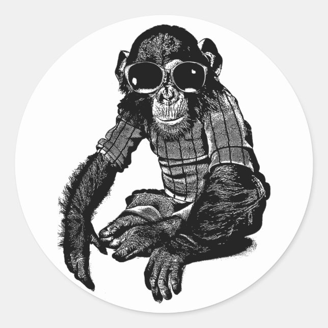 Chimpanzee Monkey Wearing sun Glasses Original Art Classic Round Sticker (Front)