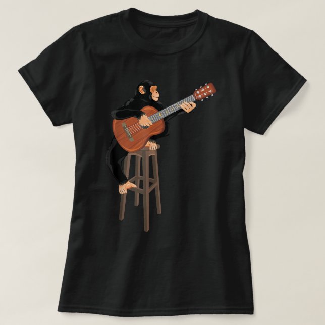 Chimpanzee playing acoustic guitar. Funny monkey T-Shirt (Design Front)