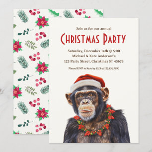 Chimpanzee Santa Hat Poinsettias Christmas Party Invitation