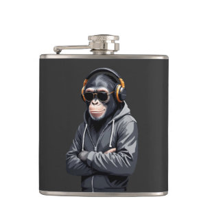 Chimpanzee Wearing Hoodie Funny Cool Animal Vector Hip Flask