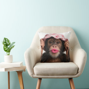 Chimpanzee Wearing Pink Lipstick Cushion