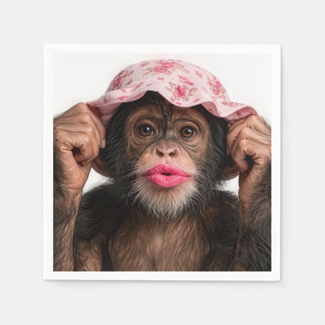 Chimpanzee Wearing Pink Lipstick Napkin (Front)