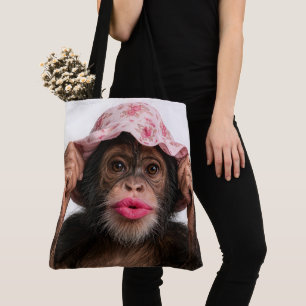 Chimpanzee Wearing Pink Lipstick Tote Bag