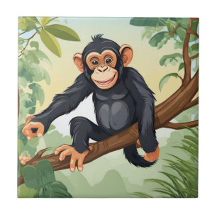 Chimpanzee with her cute tail on the branch greets ceramic tile