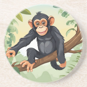 Chimpanzee with her cute tail on the branch greets coaster