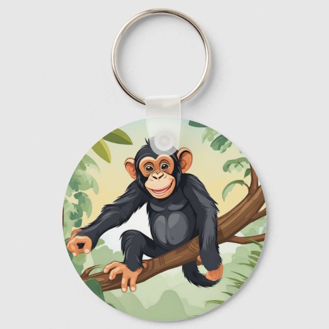 Chimpanzee with her cute tail on the branch greets key ring (Front)