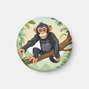 Chimpanzee with her cute tail on the branch greets magnet