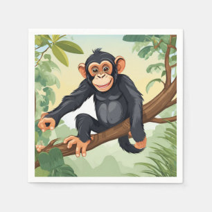 Chimpanzee with her cute tail on the branch greets napkin