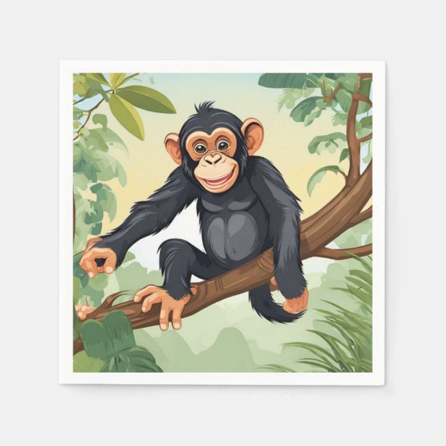 Chimpanzee with her cute tail on the branch greets napkin (Front)
