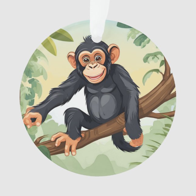 Chimpanzee with her cute tail on the branch greets ornament (Front)