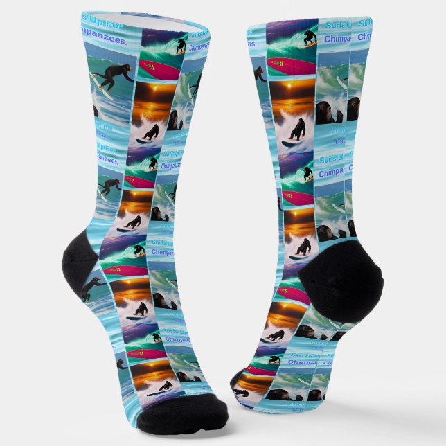 Chimpanzees Surfing Photo Collage, Crew Socks (Angled)