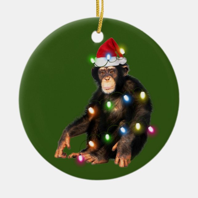 Chimpanzees With Hat Lights Christmas Ceramic Ornament (Front)