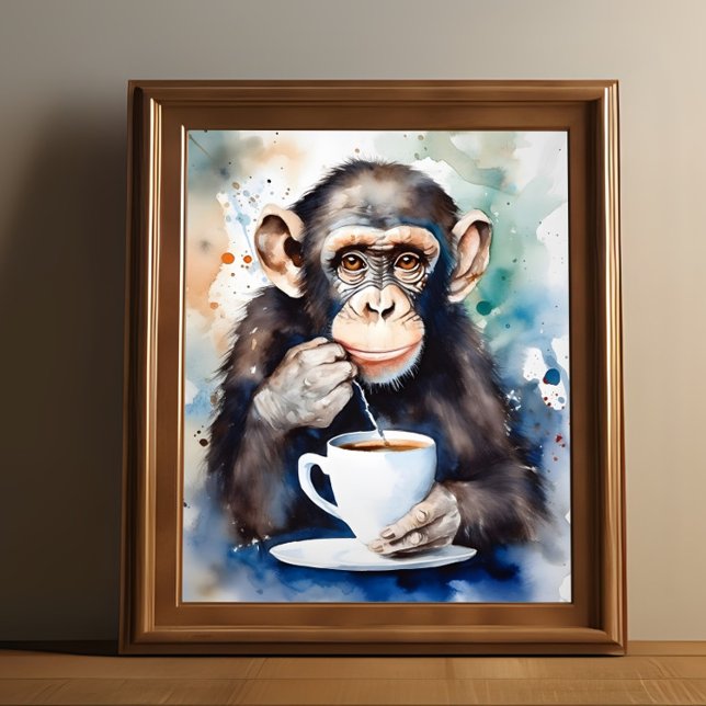 Chimp's Tea Time Poster (Print of a chimp drinking tea is shown in a wooden frame.)