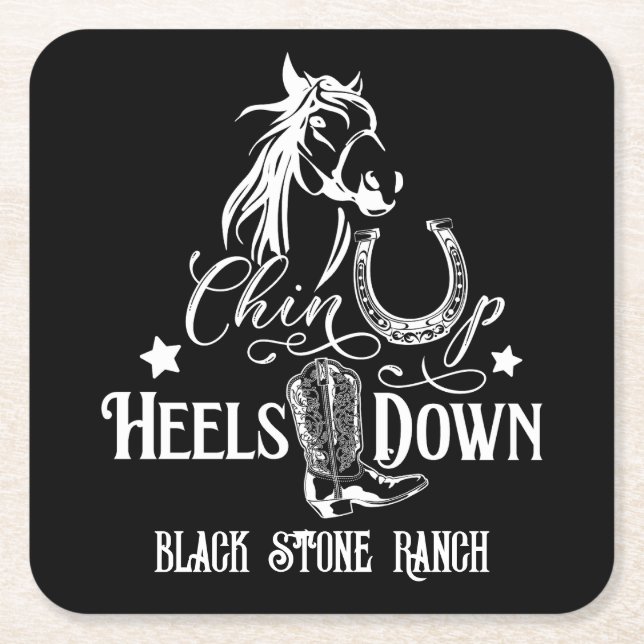 Chin up heels down cowgirl horse lover riding square paper coaster (Front)