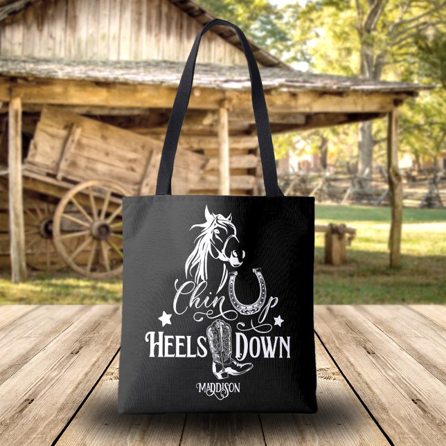 Chin up heels down cowgirl horse lover riding tote bag (Personalized cowgirl tote bag, quote: Chin up, heels down. Horse lover, western riding, horse.)