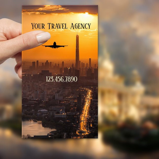China Business Travel Agency Business Card (Business card featuring a plane at sunset above a Chinese city - China - travel - travel agent)