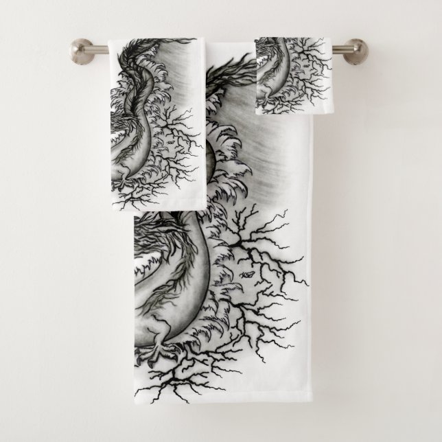 China Dragon, Black and white Design in Tattoostyl Bath Towel Set (Insitu)