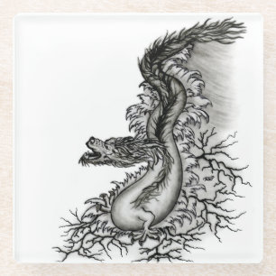 China Dragon, Black and white Design in Tattoostyl Glass Coaster