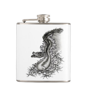 China Dragon, Black and white Design in Tattoostyl Hip Flask