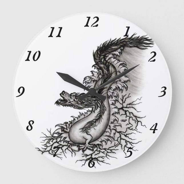 China Dragon, Black and white Design in Tattoostyl Large Clock (Front)