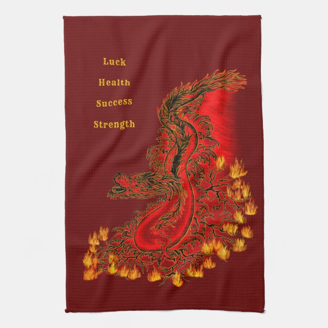 China Dragon red and gold design Tea Towel (Vertical)