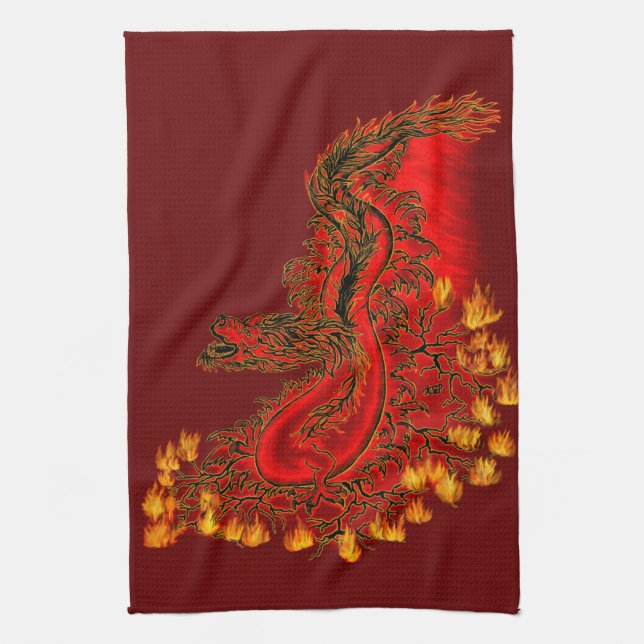China Dragon red and gold design Tea Towel (Vertical)