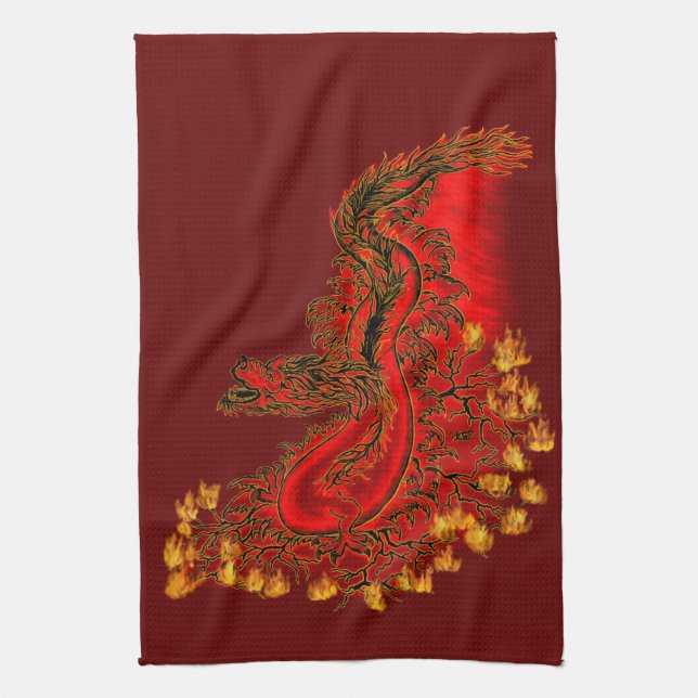 China Dragon red and gold design Tea Towel (Vertical)