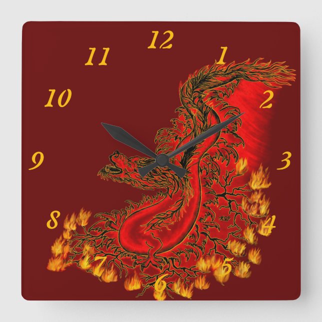 China Dragon red and gold  Square Wall Clock (Front)