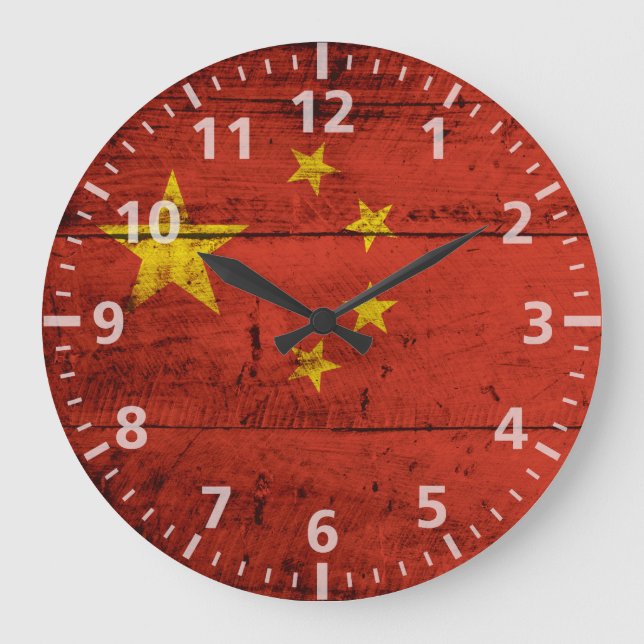 China Flag on Old Wood Grain Large Clock (Front)