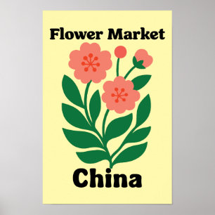 China Flower Market Coral Peony and Green Leaf Poster