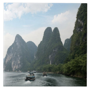 China, Guilin, Li River, River boats line the Tile